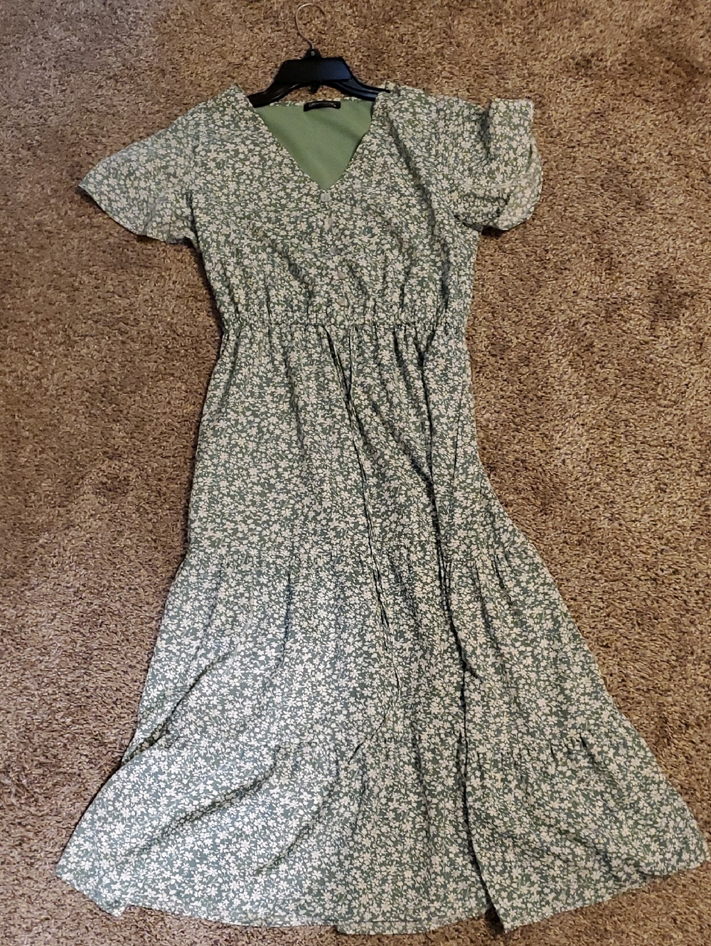 Green Floral V-Neck Maxi Dress with Elastic Waist
